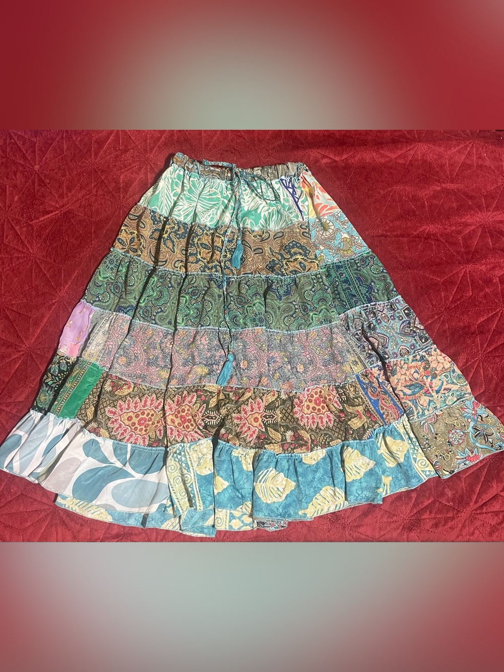 100% Silk Made in India Boho Tiered Patchwork Paisley Maxi Skirt - Teal Multi